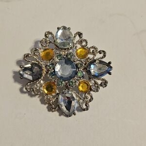 Vintage Style Silver Tone Blue Amber Rhinestone Sunburst Brooch Pin Statement